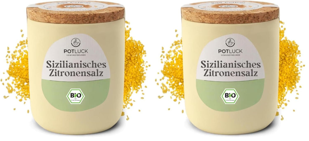Potluck | Bio Sizilianisches Zitronensalz | Gewürzsalz für Fisch, Meeresfrüchte, Gemüse, Salate und Dressings | 140g im Keramiktopf