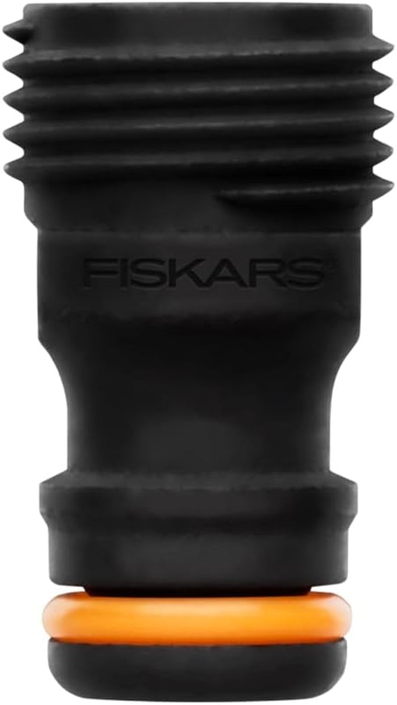 Conector multi-filet Fiskars, filet interior pentru diferite dimensiuni de robinet, pentru trei dimensiuni de filet Ø 21 mm (1/2"), Ø 26,5 mm (3/4") și Ø 33,3 mm (1"), 17 g, negru/portocaliu, 1027051