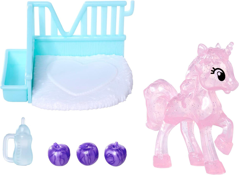 Simba Evi Love Unicorn, Spielpuppe trägt EIN süßes Einhornkleid mit passendem Haarreif, inkl. Einhorn mit Stall, Äpfeln und Trinkflasche, 12cm, ab 3 Jahren