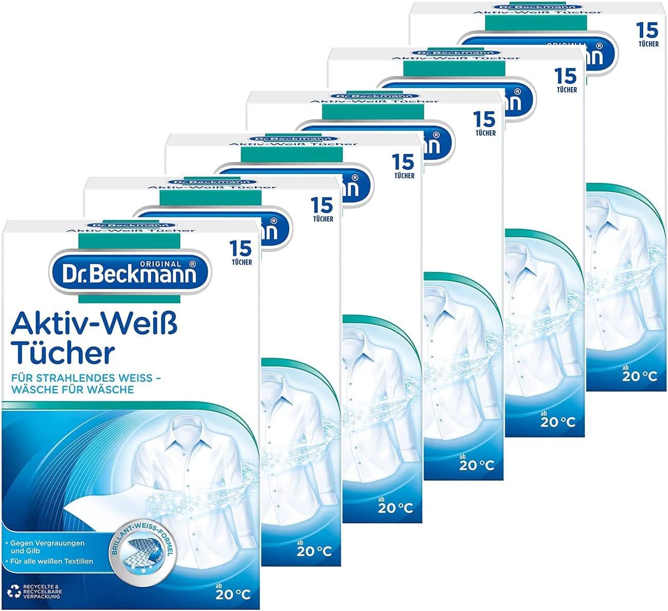 Dr. Beckmann Fest Tücher, Active-White, 15 Tücher Waschmittel Naty Shop Set 6 Packungen, Weiß