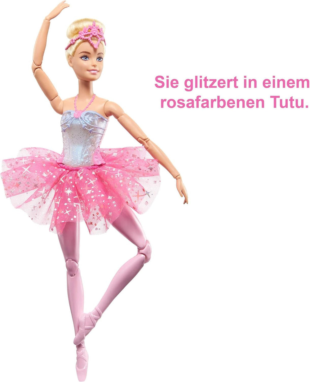 Păpușa Barbie Dreamtopia Balerina Magică cu Lumini, cu tutu roz și păr blond, 5 efecte luminoase și sonore, Barbie poziționabilă, vârste 3+, HLC25