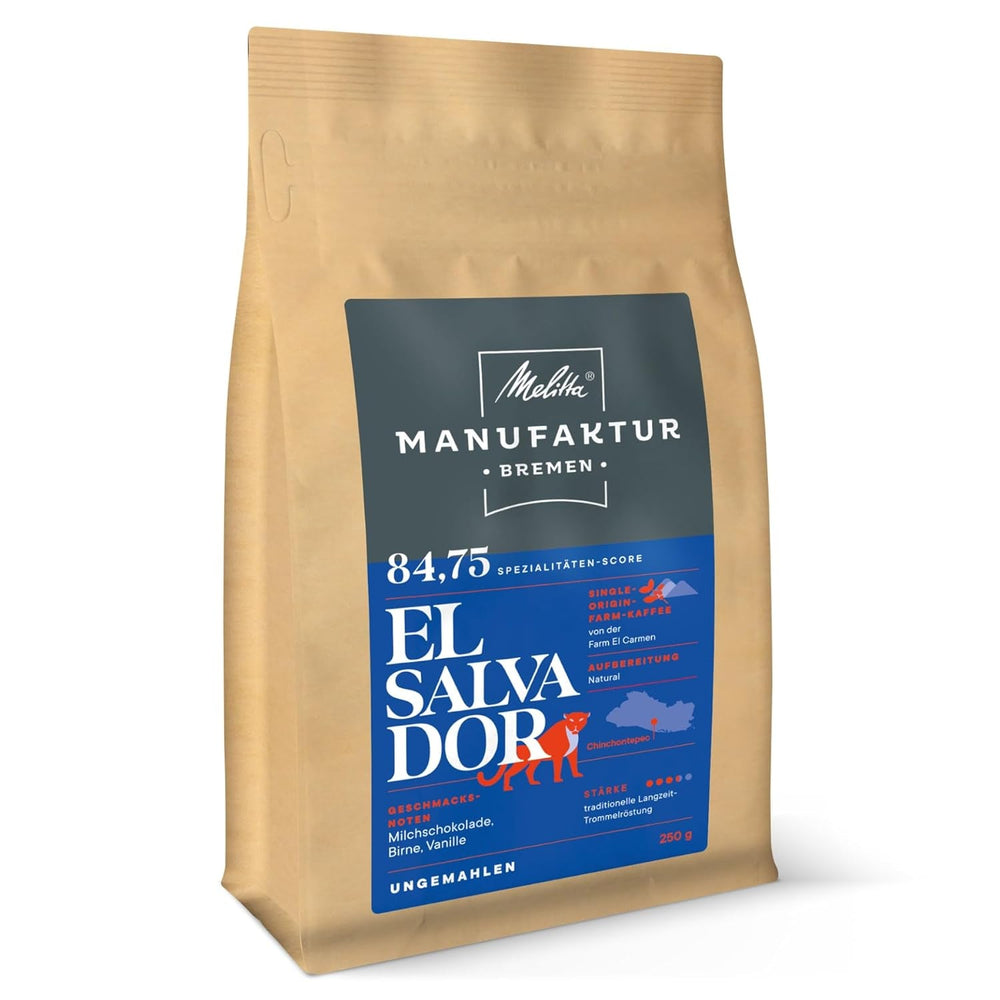 Melitta Manufaktur-Kaffee Guatemala Honig, Spezialkaffee, 250 g, ganze Kaffeebohnen, ungemahlen, Single-Origin-Kaffee, zarte Trommelröstung, in Deutschland geröstet, Stärke 3 Naty Shop Coffee 250 Gramm El Salvador ganze Bohne