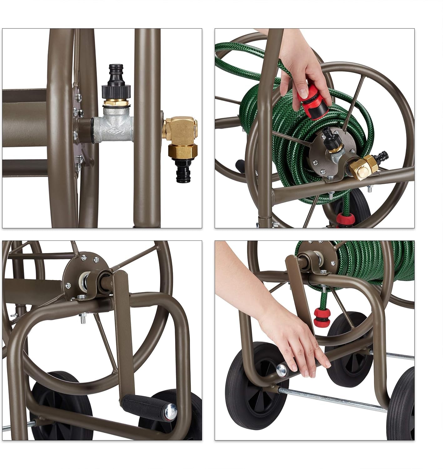 Cărucior furtun Relaxdays XL, rolă mobilă pentru furtun, metal, pentru furtun de 60 m, 4 roți, cu manivelă, derulare la 90°, maro