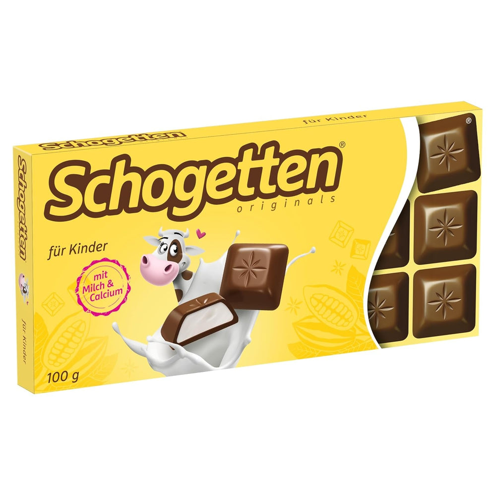 Schogetten pentru copii, tabletă de ciocolată 100g, ciocolată cu lapte cu umplutură cremoasă de lapte, porționată convenabil. O delicatesă. Bucată cu bucată.