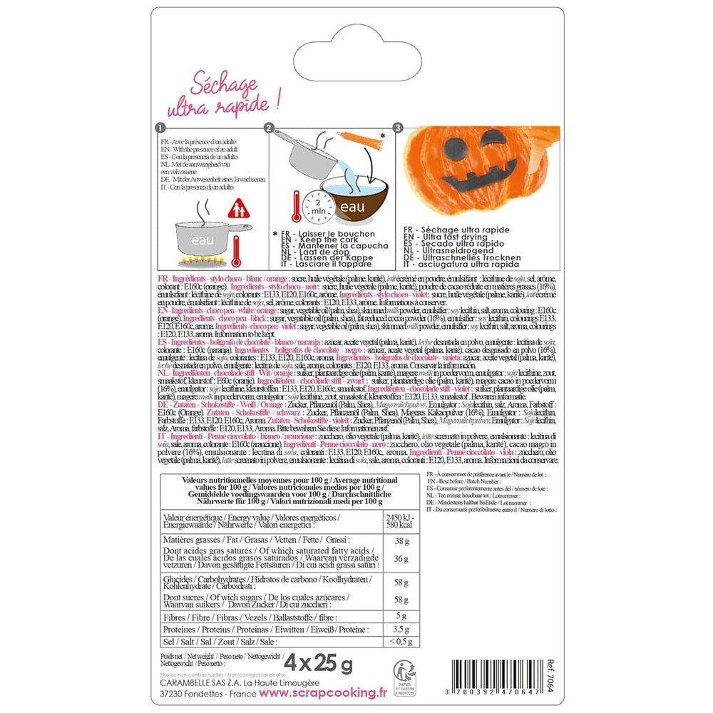 Scrapcooking – Set mit 4 Halloween-Schokoladenstiften – Schwarz, Orange, Lila und Weiß, zum Schreiben und Zeichnen auf Desserts, Kuchen und Keksen, Naty Shop