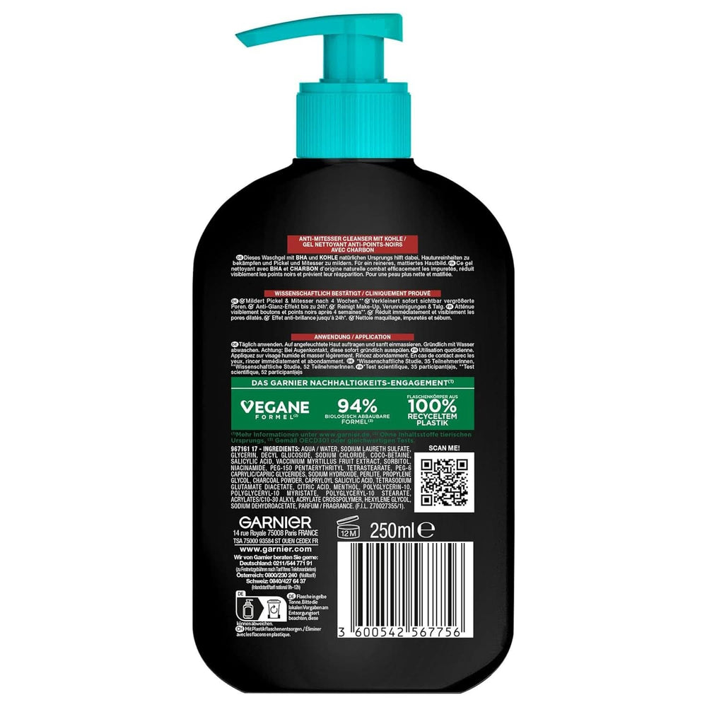 Garnier Charcoal Cleanser Gesichtsreinigungsgel gegen Mitesser und Pickel, 250 ml, Dusche und Bad, Naty Shop