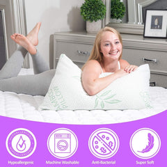 King Size 2 Pack Bamboo Pillow - Pernă de pat pentru dormit, reglabilă cu spumă de memorie mărunțită - spate, burtă, dormitor lateral, capac detașabil, răcire Hotel Down Alternative, King (2 bucăți) Perne standard Naty Shop