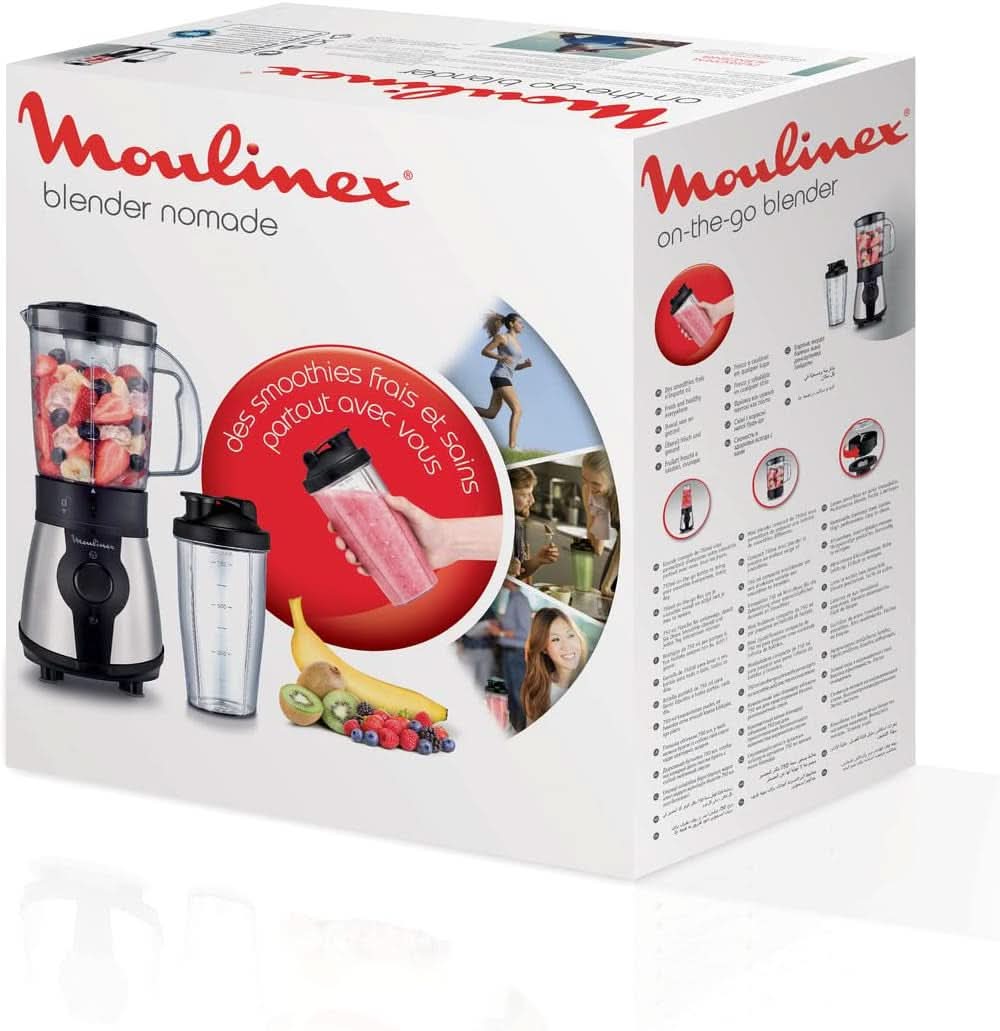 Blend&Go LM1B1D 300W Mixer, Smoothie-Mixer Mit 750 Ml Kunststoffkrug, Inclusive 750 Ml Tragbarer Flasche, 4 Abnehmbaren Klingen, Edelstahloberflächen Mutter und Kind Naty Shop