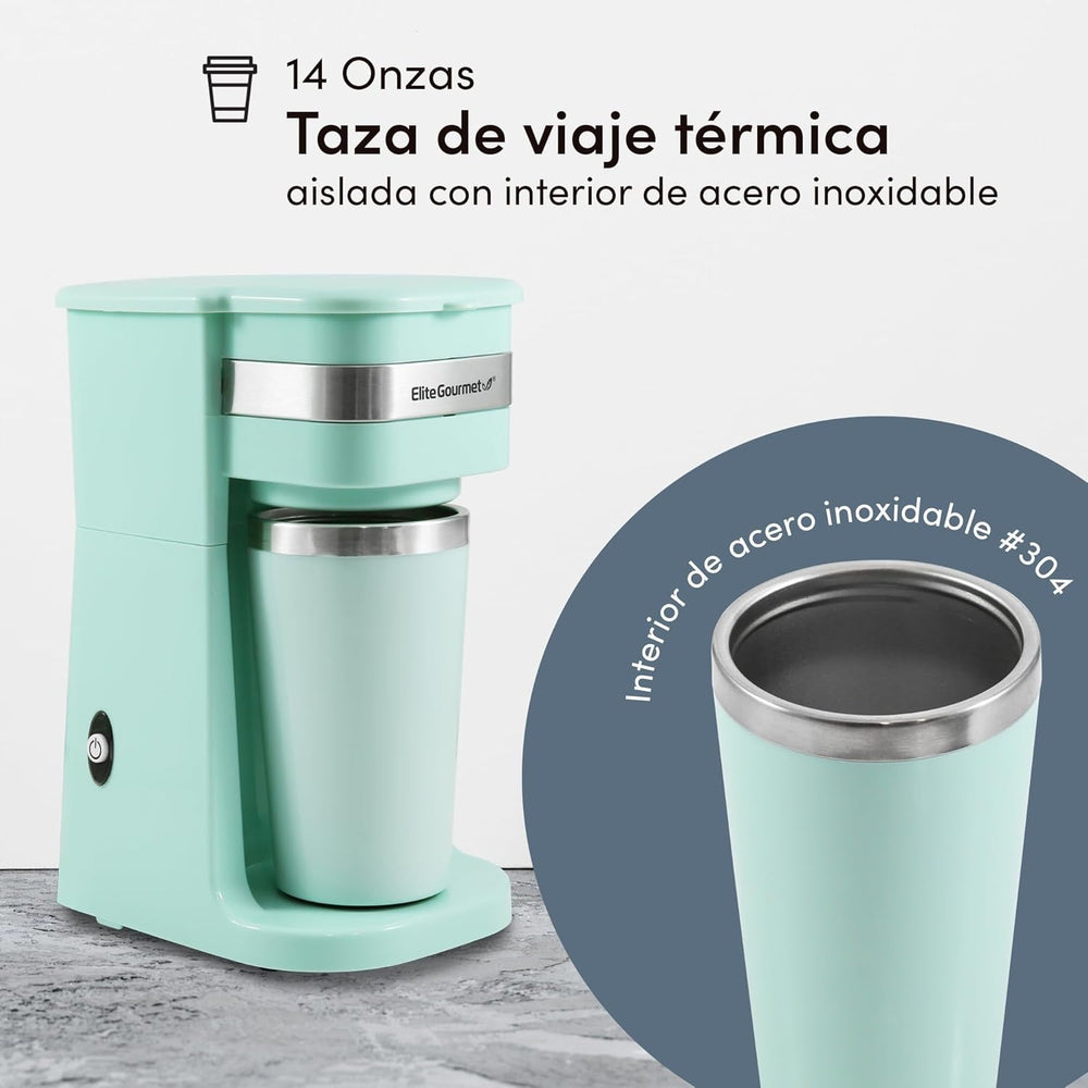 EHC113M# Espressor cu filtru pentru o singură servire, compact, personal, cu cană termică de călătorie din oțel inoxidabil în interior, pentru cafea măcinată, filtru reutilizabil, verde mentă, 400 ml