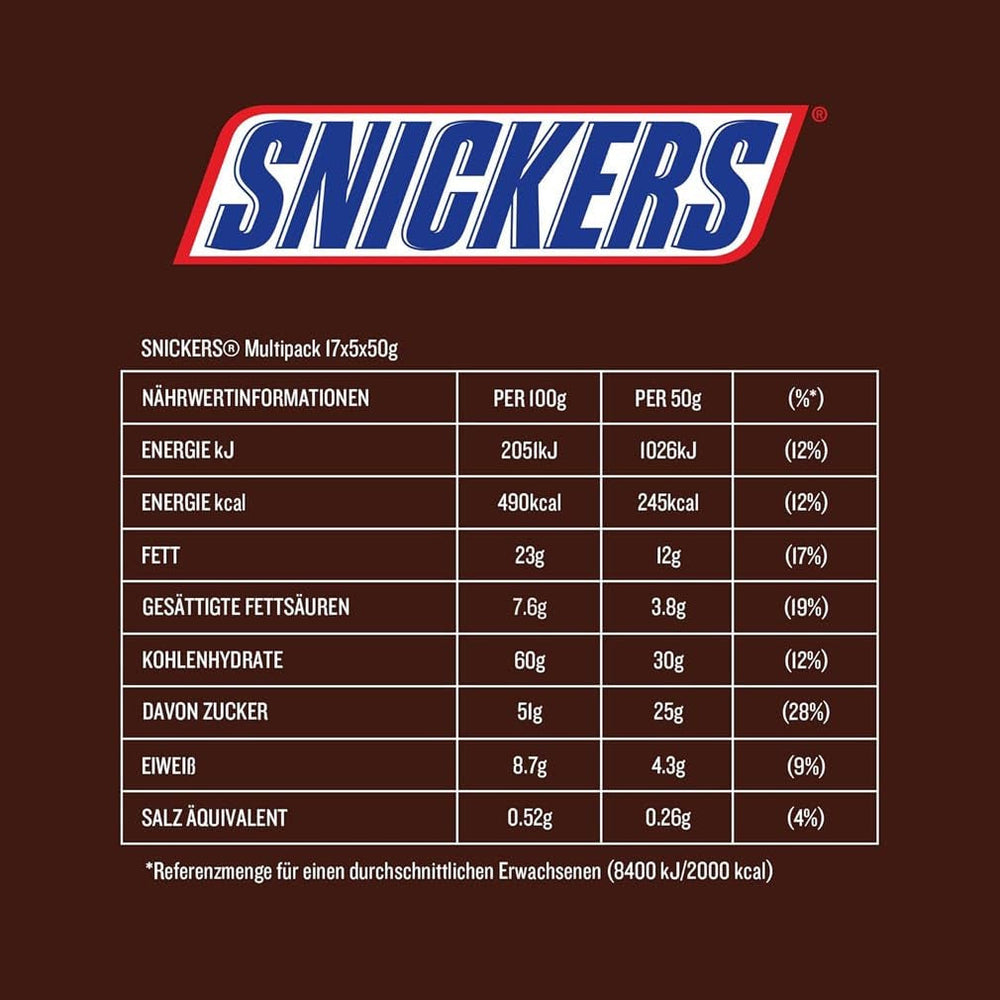 Baton de ciocolată Snickers, arahide, caramel, un pachet de 5 batoane | Gustare fotbal | (1 x 5 x 50 g)