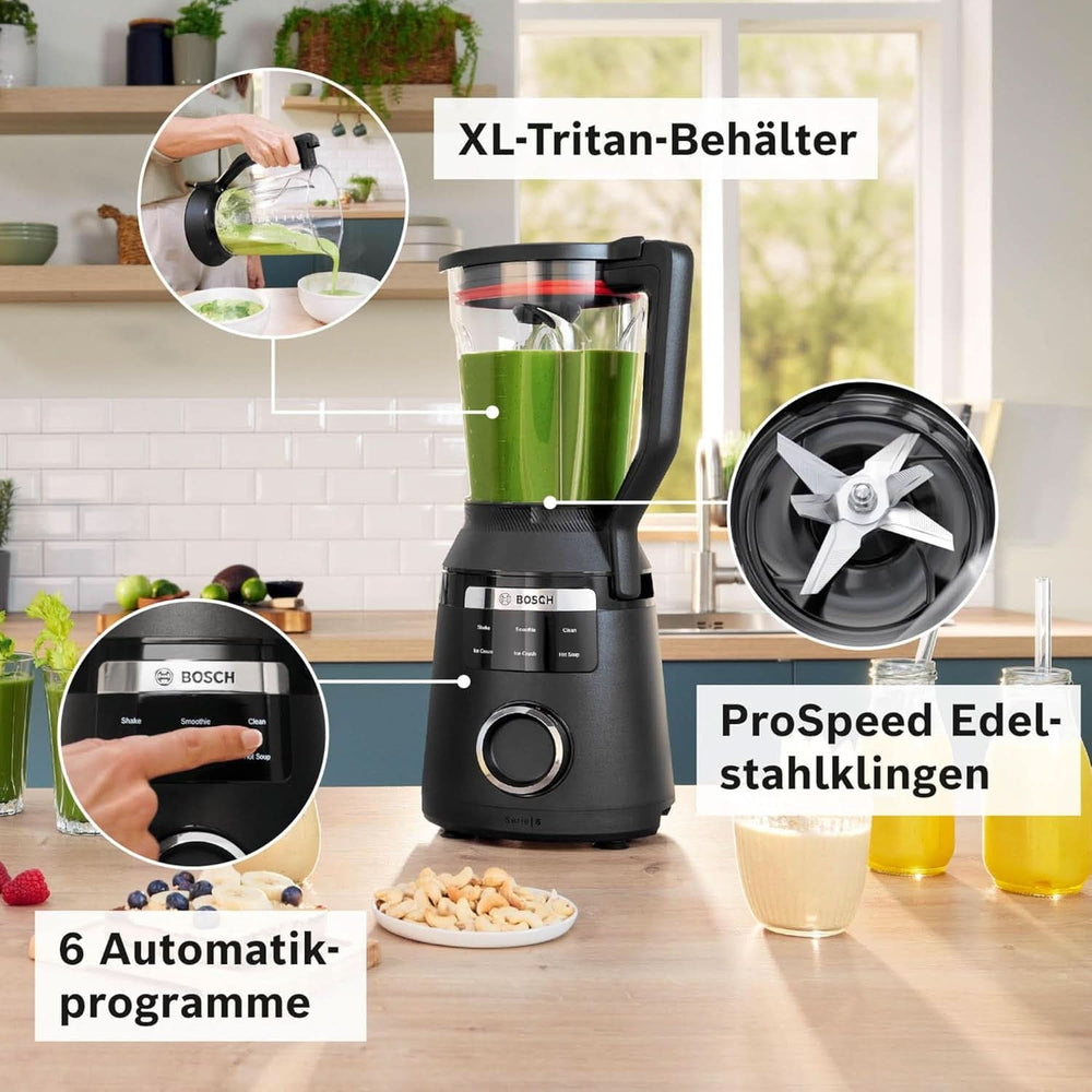 Highspeed-Standmixer Vitapower Serie 6 MMBD665B1, 45.000 U/Min, 6 Programme Inkl Heiße Suppe & Reinigung, 2 L Mixbehälter, Stopfer, Spülmaschinenfeste Teile, Made in Europe, 1800W, Schwarz Kitchen Naty Shop