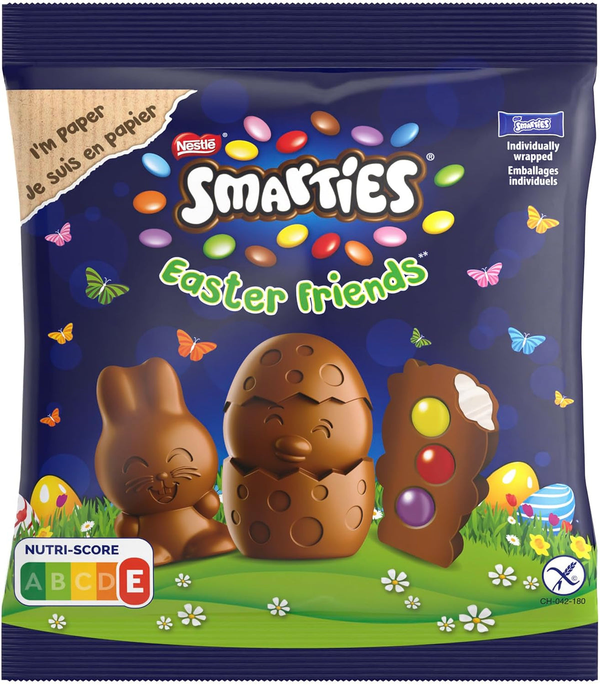 NESTLÉ SMARTIES Prietenii de Paște, figurine cu tematică de Paște, din ciocolată cu lapte fină, cu umplutură cremoasă și mini-linte colorate cu ciocolată SMARTIES, 1 pachet (1 x 65g)
