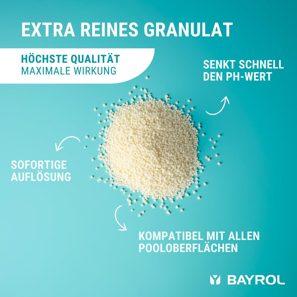 Granule BAYROL e-pH-Minus 6 kg - reduce rapid și eficient nivelurile excesiv de ridicate ale pH-ului din piscine - dozare ușoară direct în apă - include cană dozatoare - reductor de pH - reglarea pH-ului pentru piscine