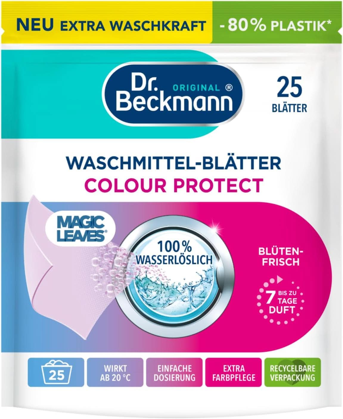 Waschmitteltücher Dr. Beckmann MAGIC LEAVES COLOR | Vordosierte und wasserlösliche Waschtücher | Platzsparend und einfach zu bedienen | 25 Blatt Naty Shop Waschmittel 25 Stück Farbe