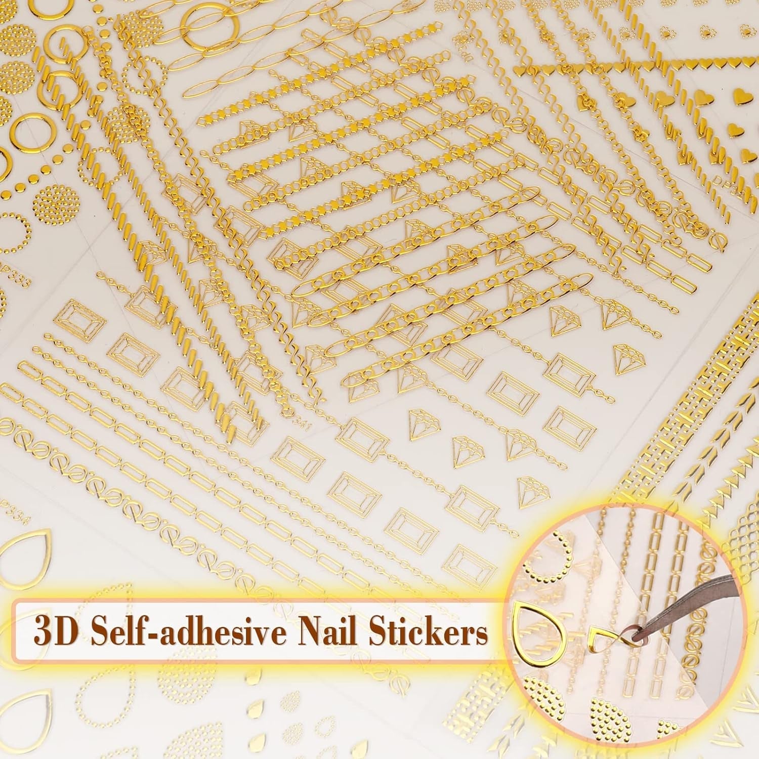 MWOOT 10 Blätter Gold Nagelsticker Abziehbilder Nail Art Sticker, 3D Selbstklebende Nagelaufkleber Set Linien Streifenband Design,Diy Metallisch Nailart Aufkleber Maniküre Zubehör Für Nagel Dekoration