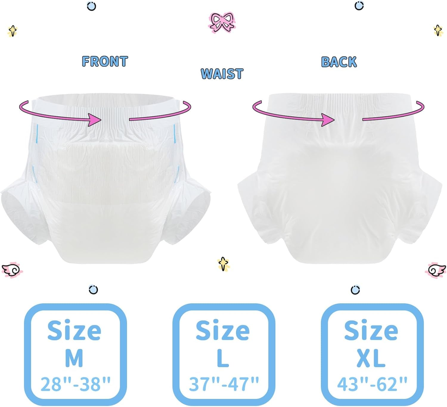 Scutece pentru adulți CutiePlusU, suprafață uscată, absorbție maximă peste noapte, scutec de incontinență de unică folosință – albastru, roz, alb, 3 bucăți (medii 71-96 cm)