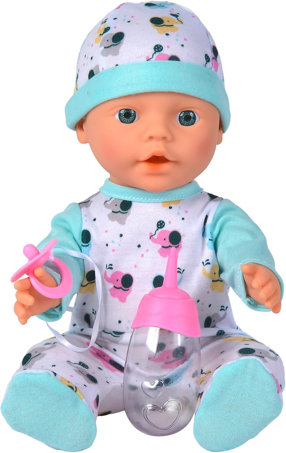 New Born Baby kleiner Elefant, Vollvinylpuppe mit Trink und Nässfunktion, Flasche und Schnuller, 30cm, ab 2 Jahren, Grau