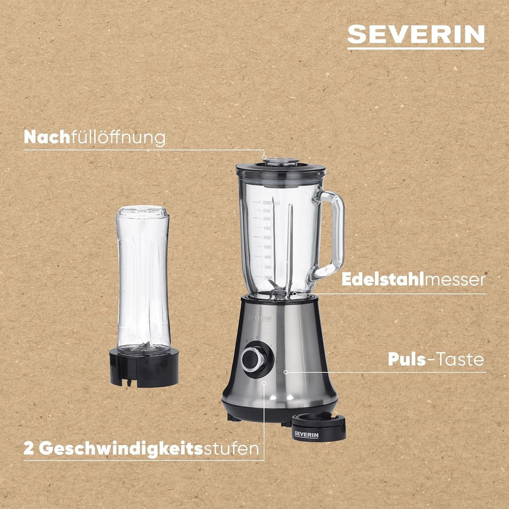 SEVERIN Multimixer, 2-In-1 Standmixer Und Smoothie Maker Mit 1 L Glas-Mixbehälter Und Trinkbecher, Küchenmixer Mit 2 Stufen Und Pulse-Funktion, 500 W, Edelstahl/Schwarz, SM 3737 Mutter und Kind Naty Shop