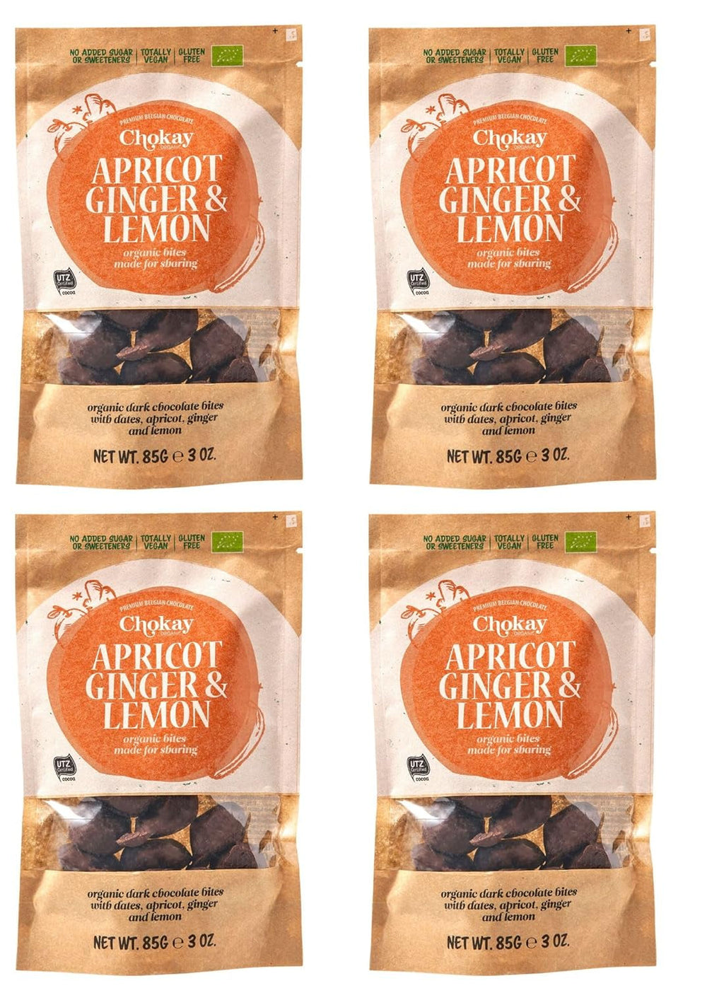Set de 4 bucăți Organic Bites - Migdale cu scorțișoară/Migdale cu scorțișoară în ciocolată neagră belgiană/Fără zahăr adăugat, fără îndulcitori/VEGAN ȘI COMERȚ ECHITABIL / 4 x 85g