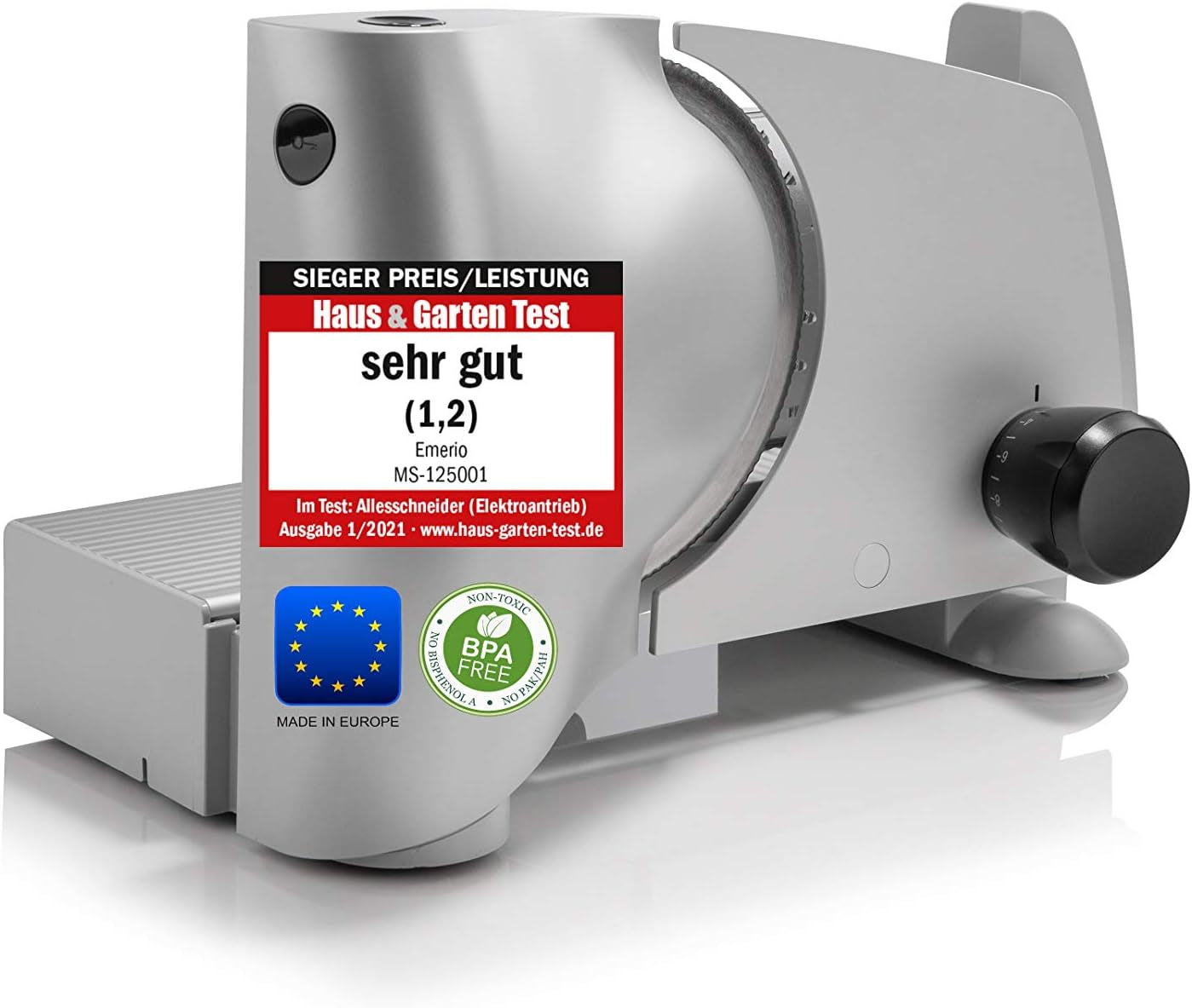 Emerio Allesschneider „Made in EU“ MS-125000, Edelstahlklinge hergestellt in Deutschland, verstellbar 0-17 mm, 100 W Naty Shop Einzelschneider und Aufschnittmaschinen Silber