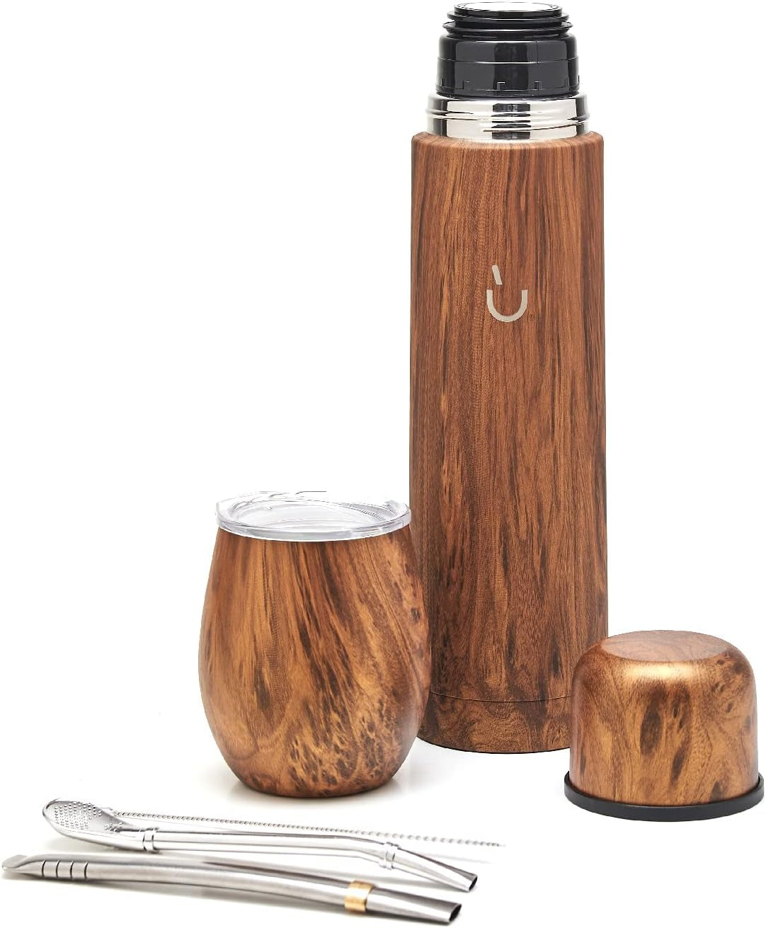 Set complet Balibetov Yerba Mate – Calabash modern, sticlă izolată, bombilla și perie de curățare incluse în livrare – Toate din oțel inoxidabil 304 18/8 de calitate premium (lemn)