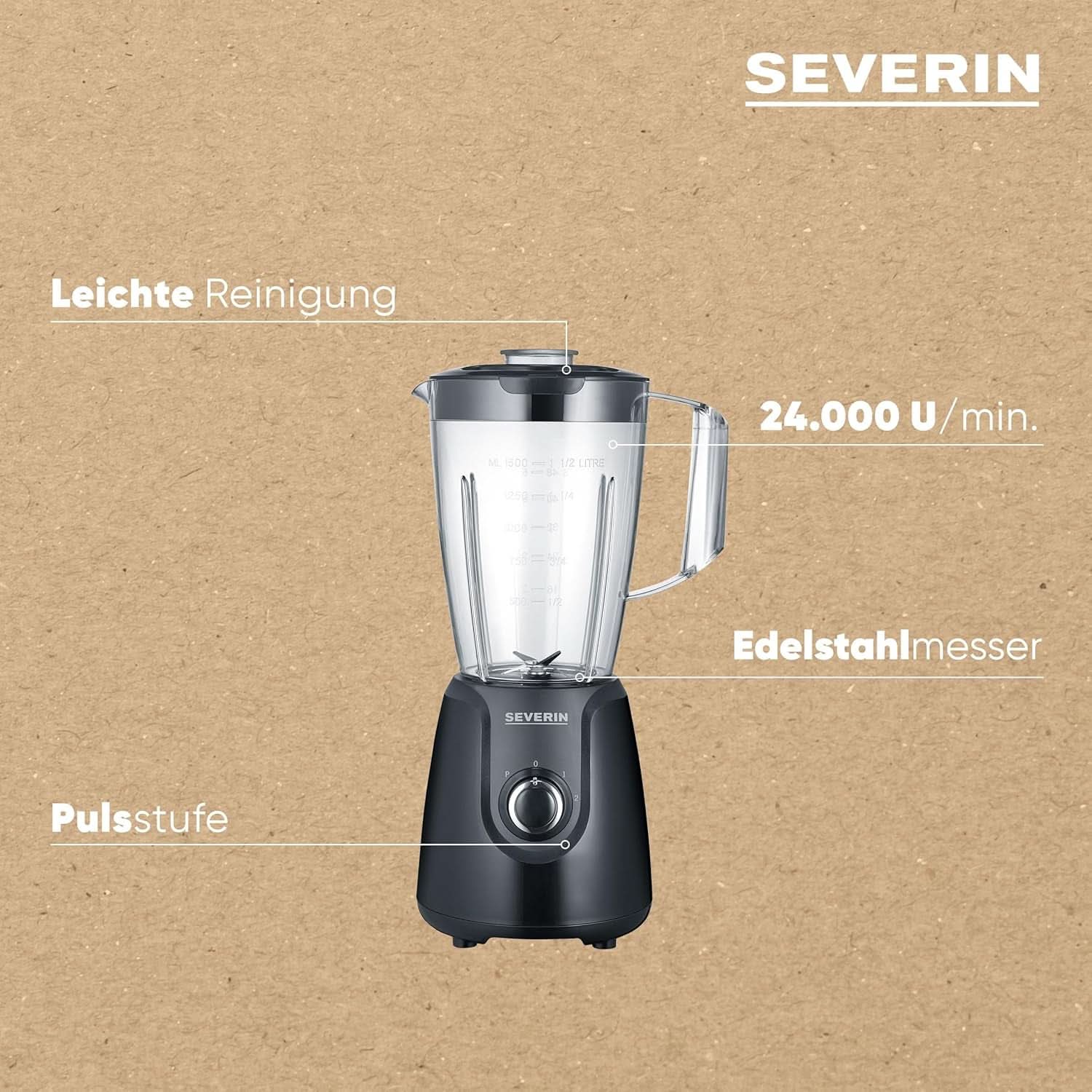 SEVERIN Standmixer Mit 1,5 L Mixbehälter Aus Tritan, Mixer Mit 2 Stufen Und Pulse-Funktion, Leistungsstarker Küchenmixer Mit Edelstahlmesser, 600 W, Schwarz, SM 3707 Bucatarie Naty Shop