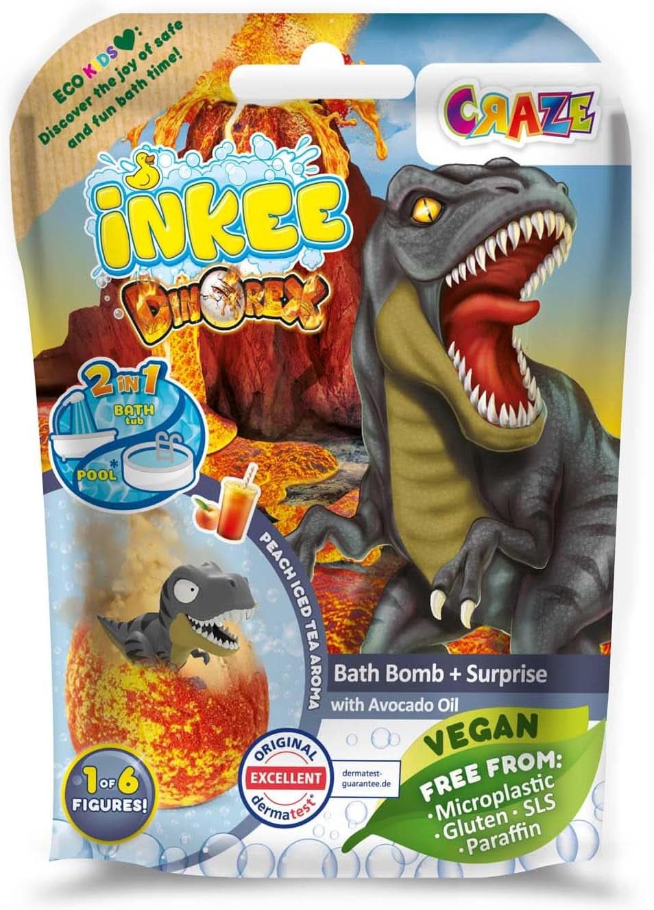 INKEE SURPRISE DINO, eiförmige Badebombe mit Dinosaurierfiguren und Überraschungen, 100 Gramm. Dusche und Bad Naty Shop 1 x Dinorex