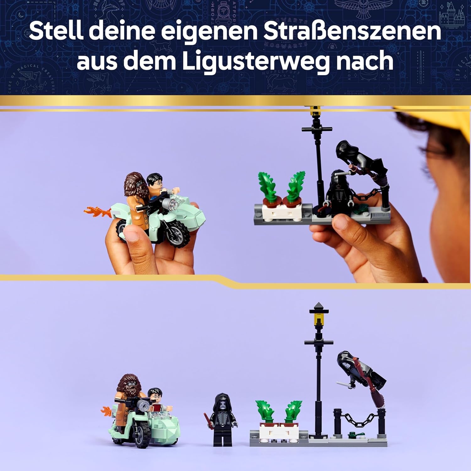 LEGO Harry Potter Hagrids und Harrys Flucht aus dem Ligusterweg - Motorrad Spielzeug mit 4 Minifiguren - 2 Todesser, eine Straßenszene - Geschenk für Mädchen, Jungen und Fans ab 8 Jahren - 76459