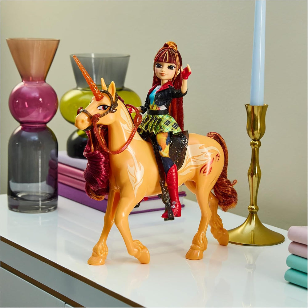 Unicorn Academy Einhorn Cinder - 28 cm groß, Original-Einhorn von Valentina zur Netflix-Serie, mit echter Mähne und Schweif, abnehmbarem Zaumzeug und Sattel sowie Bürste, für Kinder ab 4 Jahren