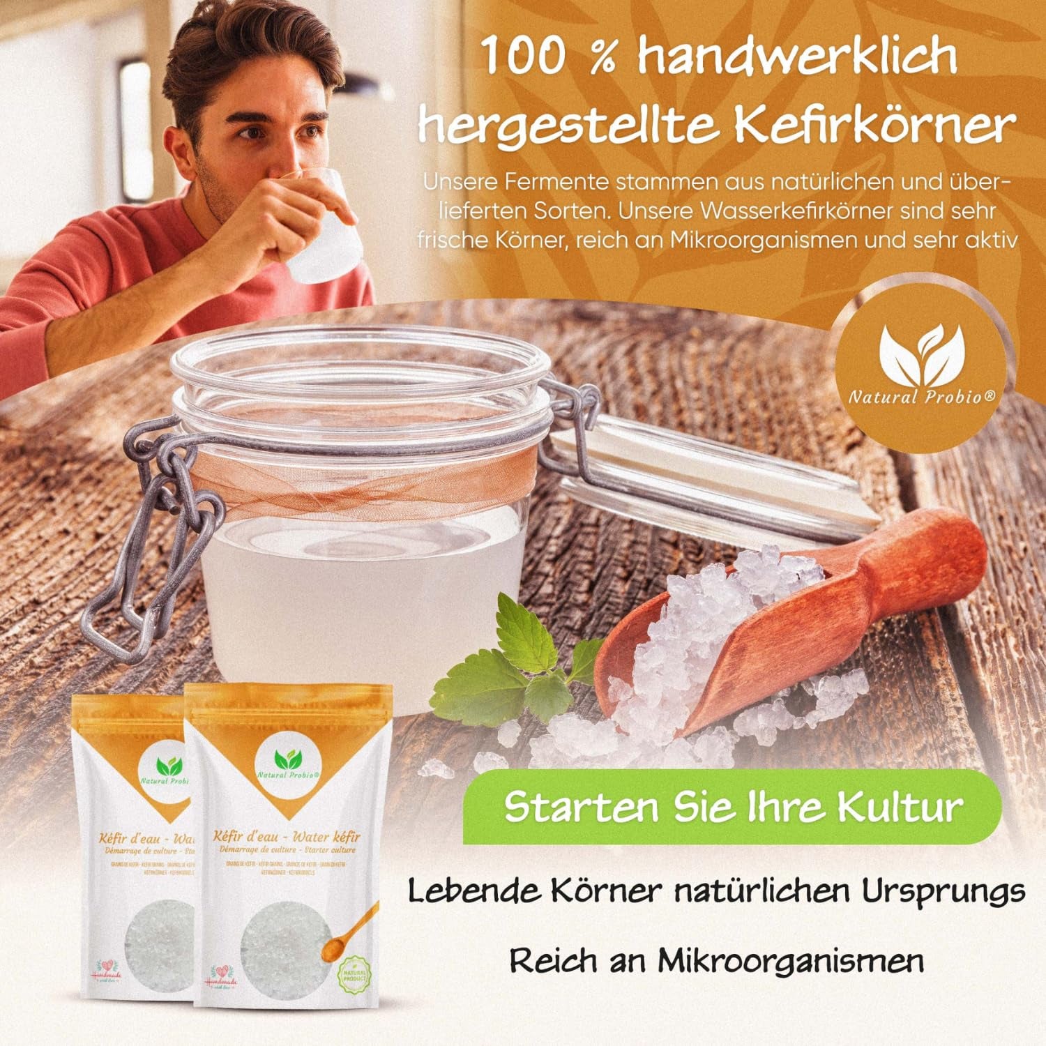 Natural Probio® Wasserkefir, Kefirpilz, Japankristalle, Kefirknollen, Starter Set + Anleitung, Rezept, Tipps, E-Book & Rezeptbibliothek + Kundenservice auf Lebenszeit (10g dehydriert/60g rehydriert)