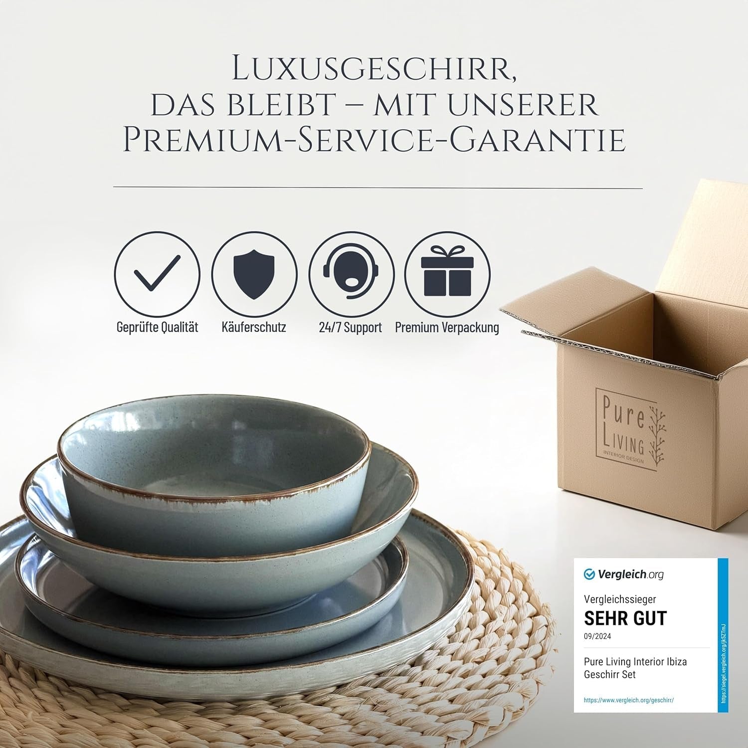 Steingut Geschirrset 6 Personen Rustic 24 tlg. TESTSIEGER, Hochwertiges Landhaussttil Steingut Geschirr Set, Schüssel- und Teller Set, Tafelservice 6 Personen, Geschirrsets Pure Living in Rauchblau