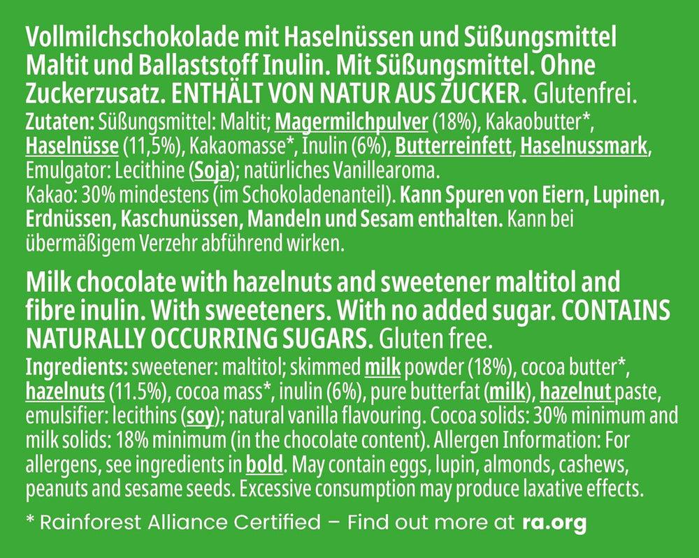 frankonia CIOCOLATĂ FĂRĂ ZAHĂR ADĂUGAT Ciocolată cu alune, fără gluten, 85 g
