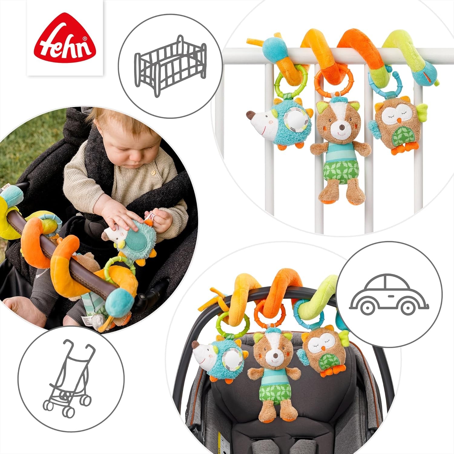 Fehn Activity Spiral Sleeping Forest - jucărie de cărucior pentru pipăit și prindere - jucărie pentru copii pentru pat, parc, cărucior pentru sugari și scaun auto - jucărie de activitate motorie pentru bebeluși și copii mici de la 0+ luni Jucarii Bebe Naty Shop