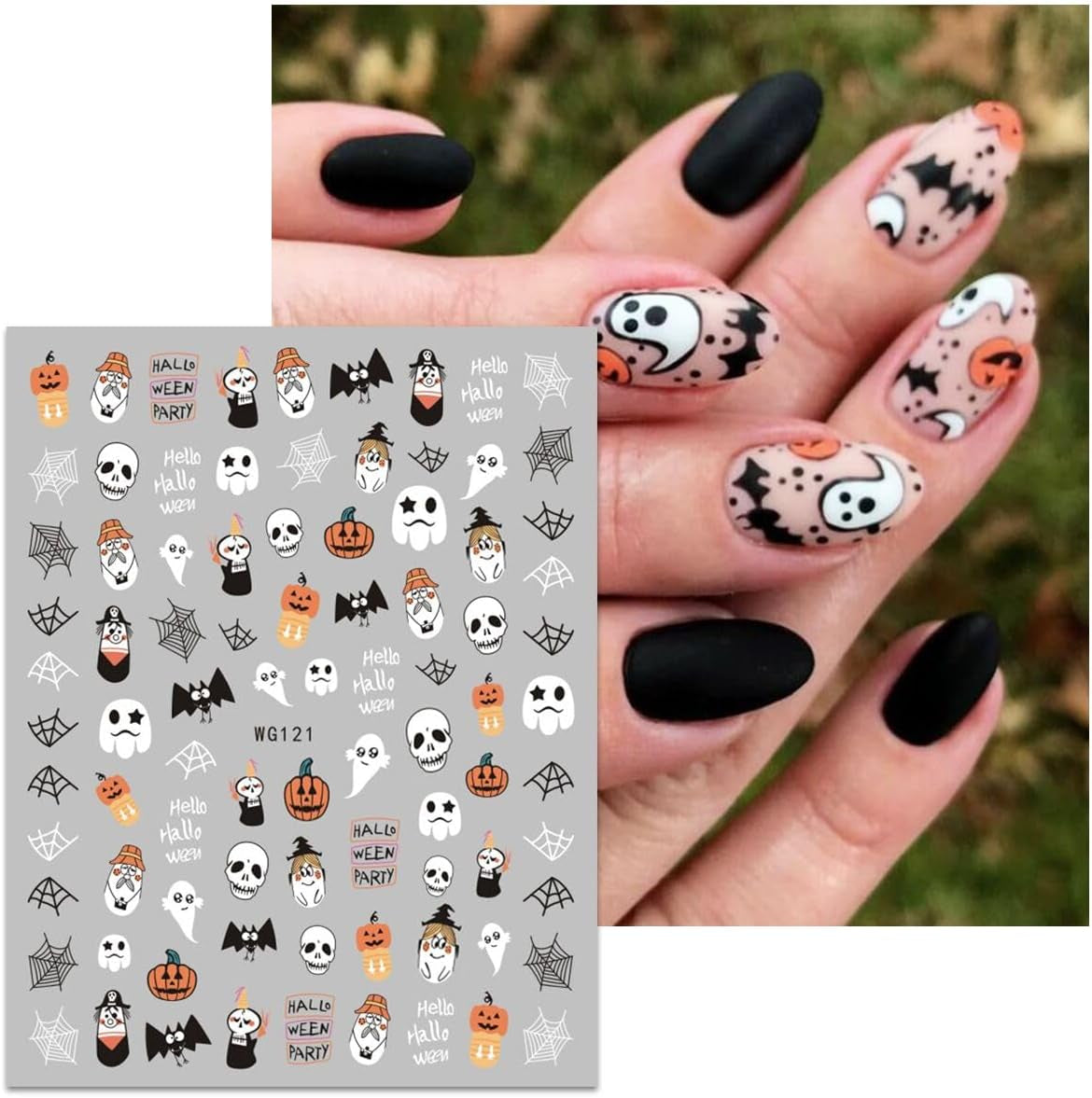 JMEOWIO Nagelsticker Halloween 8 Blatt Nail Art Sticker Selbstklebend Nagelaufkleber Totenkopf Horror Geist Hexe Spinnennetz Fledermaus Kürbis Spukdekoration Nageldesign Zubehör