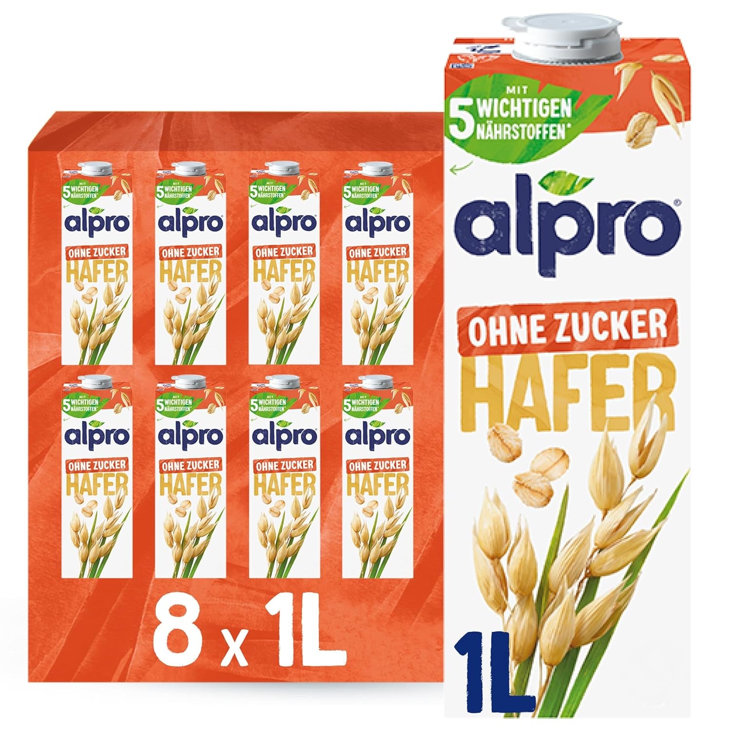 Alpro Haferdrink ohne Zucker – Milchalternative auf Haferbasis – Vegan und laktosefrei – Reich an Ballaststoffen, Kalzium und Vitaminen – 8 x 1 L