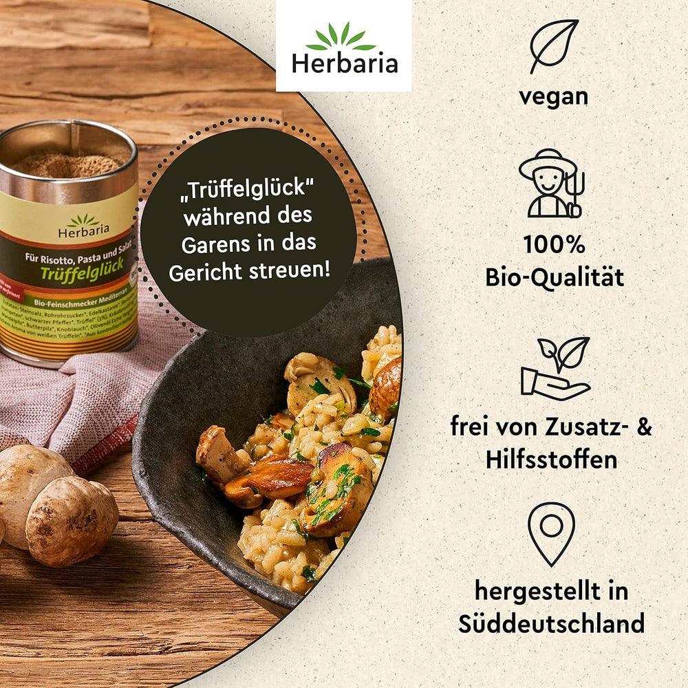 Herbaria Trüffelglück bio 110g M-Dose - fertiges Bio-Pilz- & Trüffelgewürz für intensiv-köstliche Gerichte - mit erlesenen Zutaten - in nachhaltiger Aromaschutz-Dose