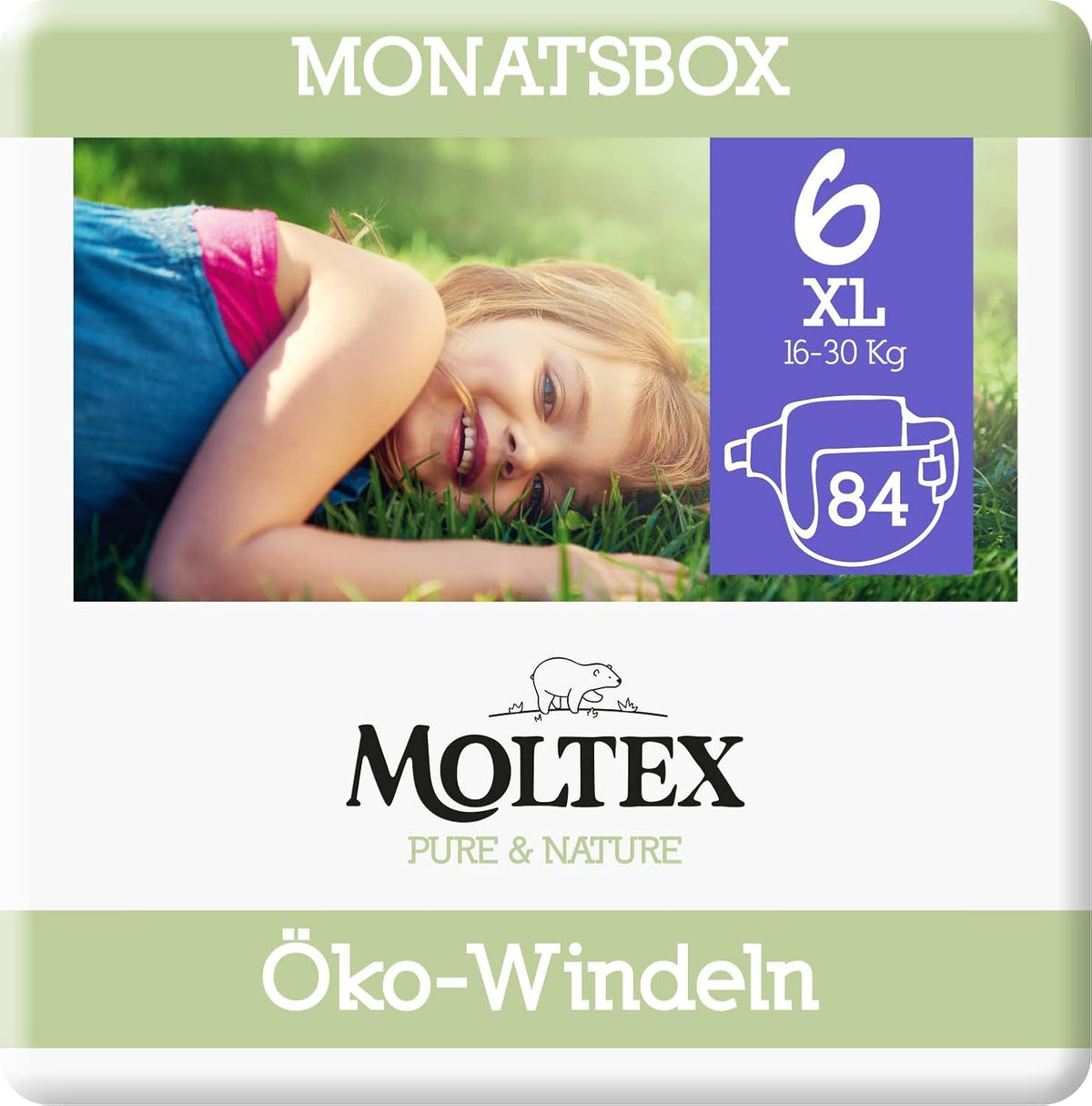 Scutece organice Pure & Nature, mărimea 6 XL (17-28 kg), cutie lunară, 84 de scutece organice