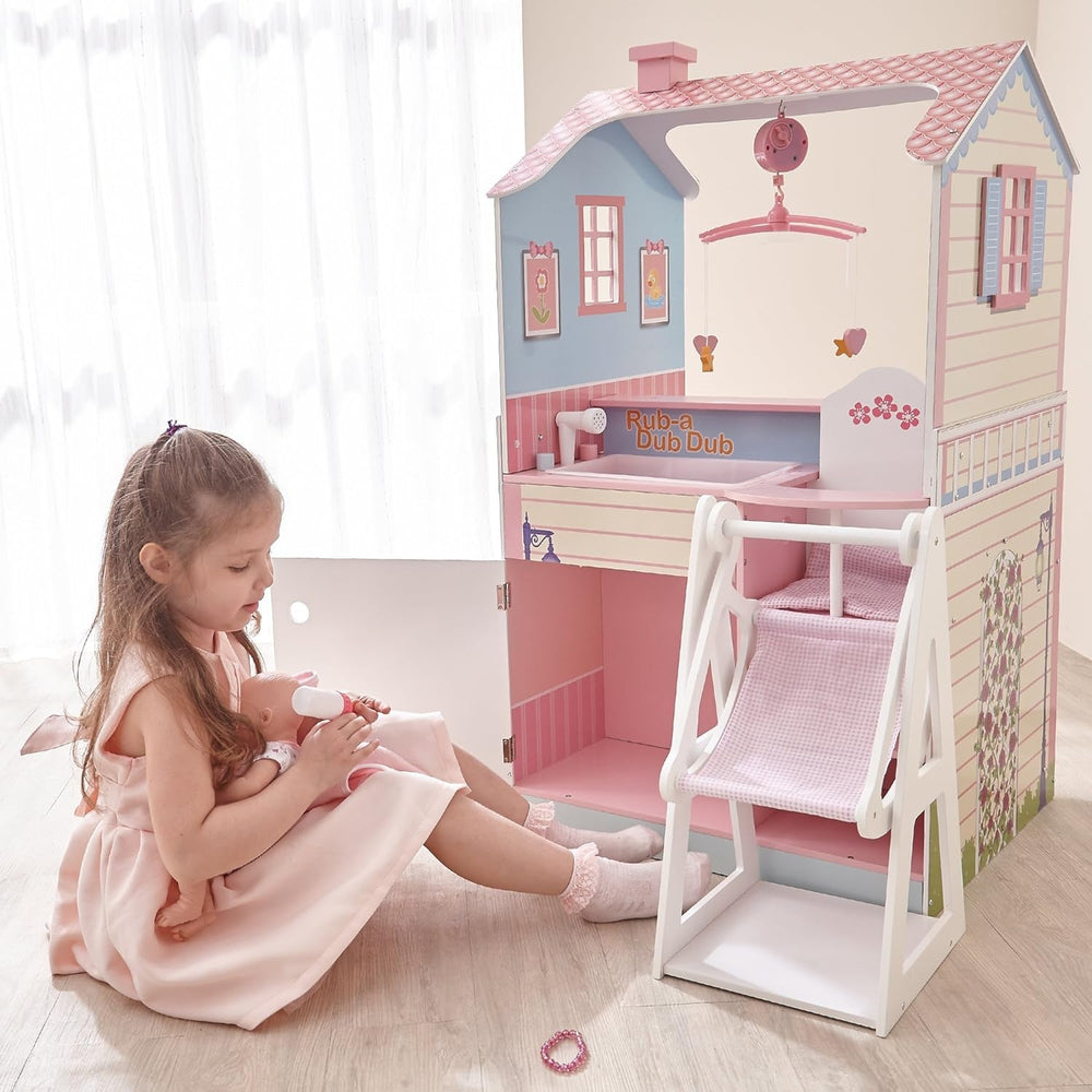 Olivia's Little World 2-in-1-Puppenhaus und Wickelstation, Puppenspielset aus Holz mit Hochstuhl TD-11460A, Puppenhäuser, Naty Shop
