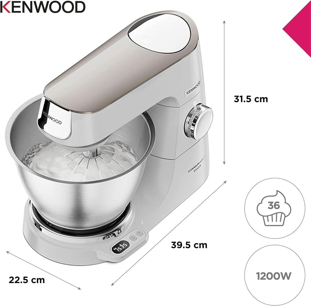 Kenwood Titanium Chef Baker KVC65.001WH, Küchenmaschine Mit Integrierter Waage, 1200 Watt, Inkl. 3-teiliges Patisserie-Set, Spatel & Spritzschutz, Weiß Mutter und Kind Naty Shop
