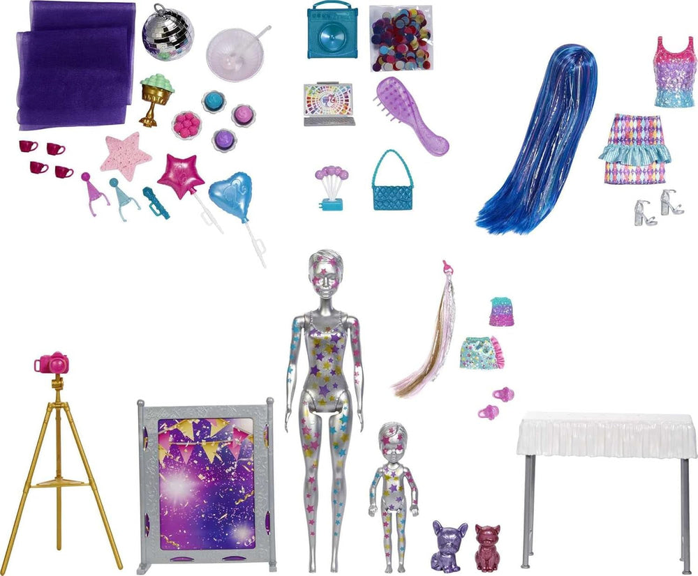 Barbie GXJ88 - Petrecere Surpriză Dezvăluire Culoare, +50 Surprize: 1 Păpușă, 1 Păpușă Chelsea, 2 Animale, 6 Schimbări de Culoare, Accesorii și Mai Multe, Set Petrecere Dansantă, Jucărie Cadou pentru Copii cu Vârsta de 3 Ani și Peste