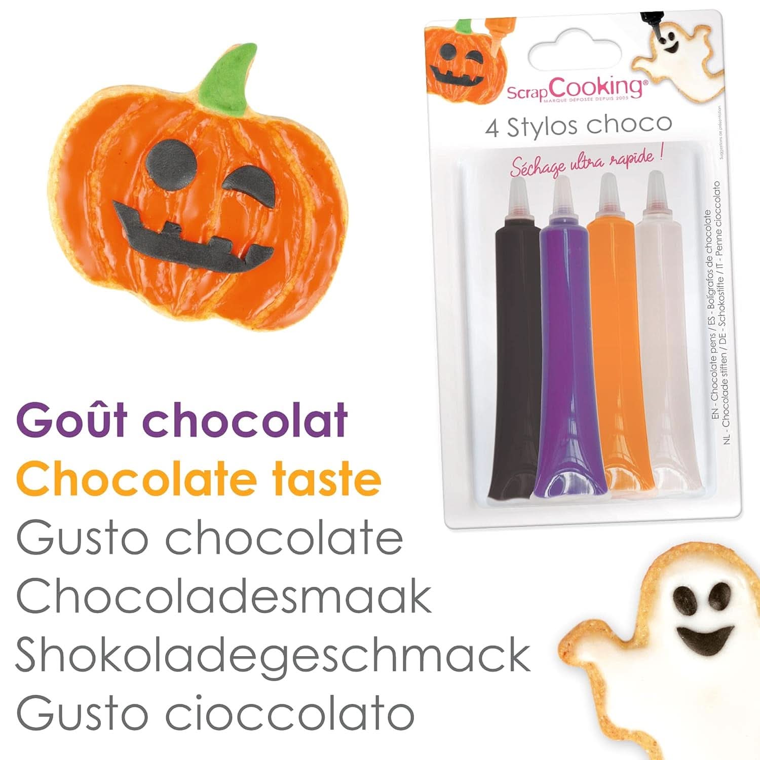 Scrapcooking – Set mit 4 Halloween-Schokoladenstiften – Schwarz, Orange, Lila und Weiß, zum Schreiben und Zeichnen auf Desserts, Kuchen und Keksen, Naty Shop