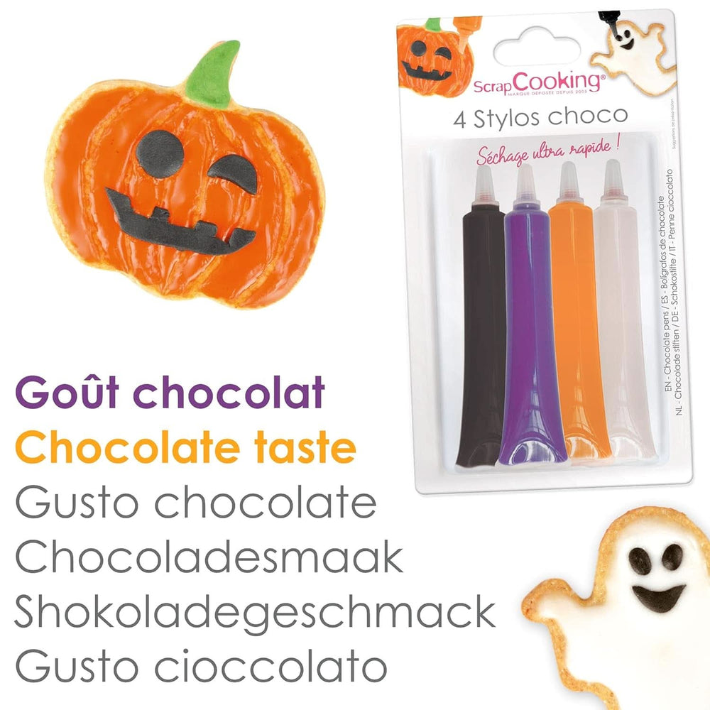 Scrapcooking – Set mit 4 Halloween-Schokoladenstiften – Schwarz, Orange, Lila und Weiß, zum Schreiben und Zeichnen auf Desserts, Kuchen und Keksen, Naty Shop