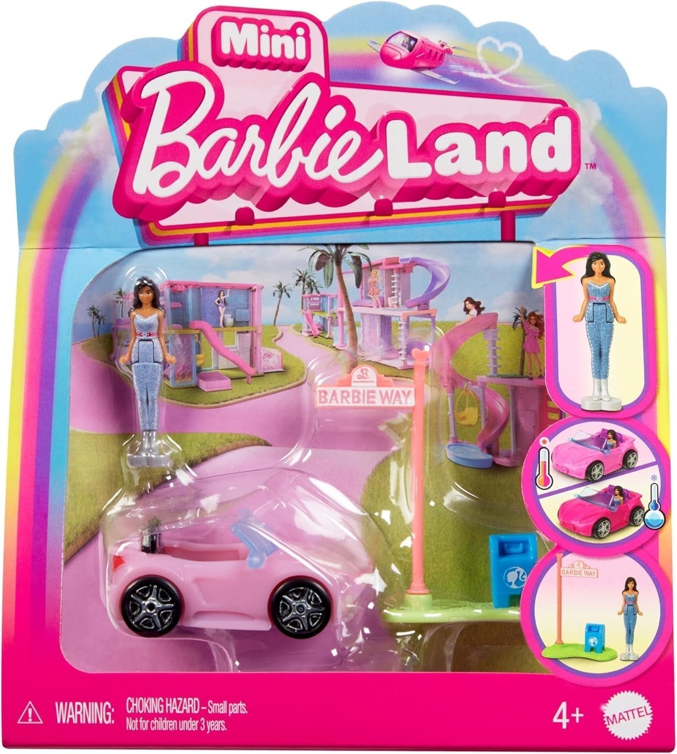 Barbie Mini Barbieland set de păpuși și vehicule de jucărie, păpușă de 1,5 inci și vehicul de jucărie iconic cu surpriză care își schimbă culoarea, HYF43 Papusi Naty Shop Decapotabilă