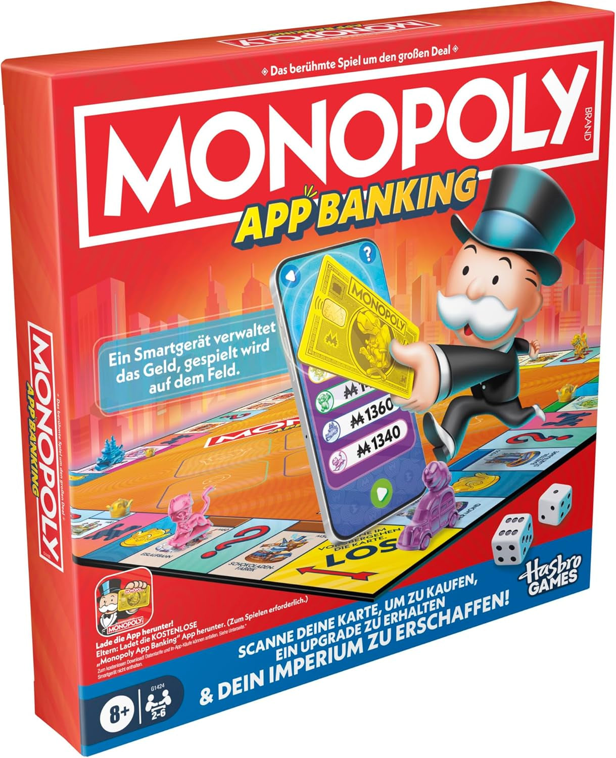 Joc de societate Monopoly App Banking - Versiune germană, versiune modernă a clasicului joc electronic pentru copii cu vârsta de 8 ani și peste, pentru 2 până la 6 jucători
