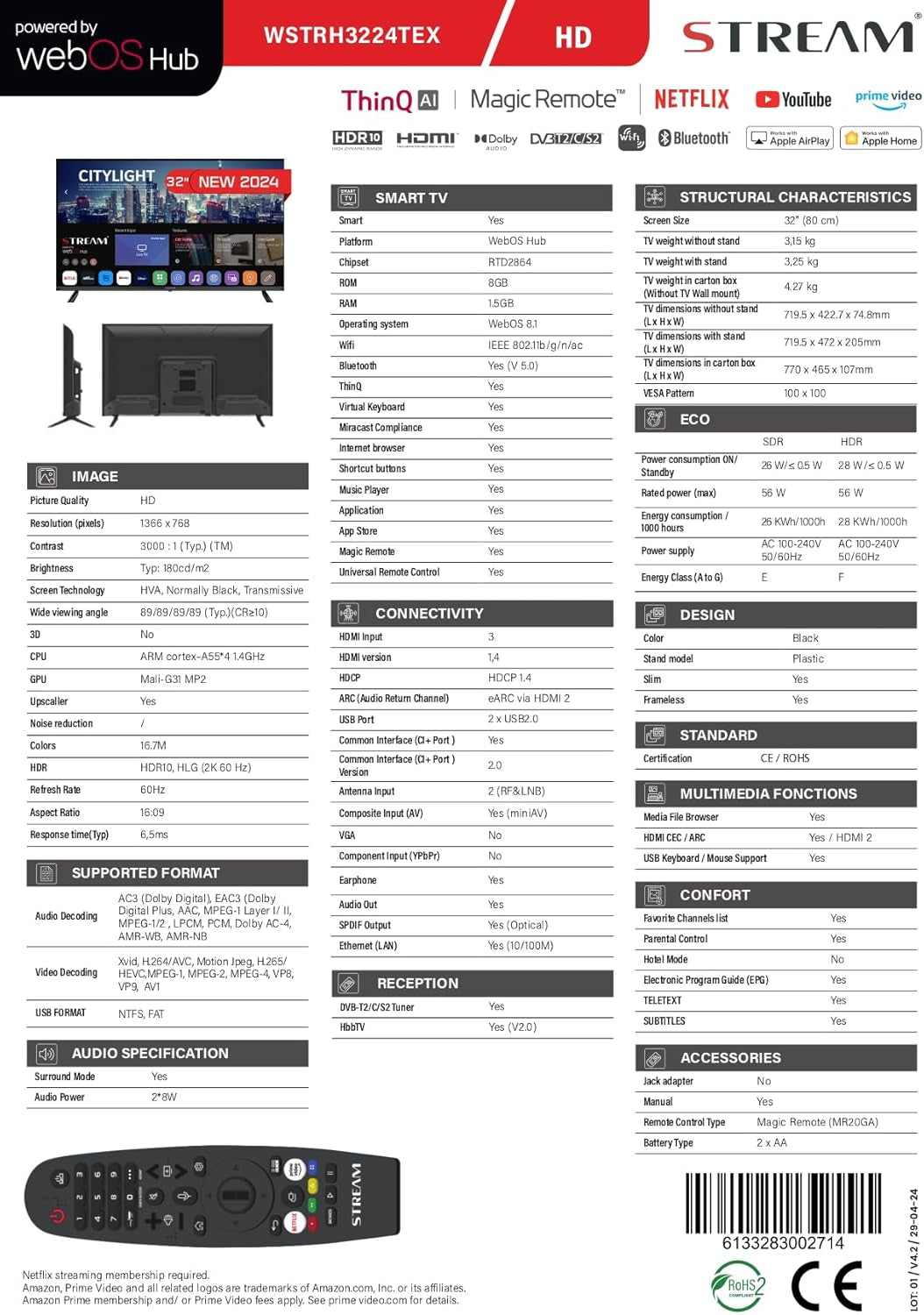 Televizor WebOS Smart 8.1, HD Ready, telecomandă LG Magic, HDR10, fără ramă, control vocal, compatibil cu (LG ThinQ AI + Apple Home) - Model •WSTRH3224TEX (2024)