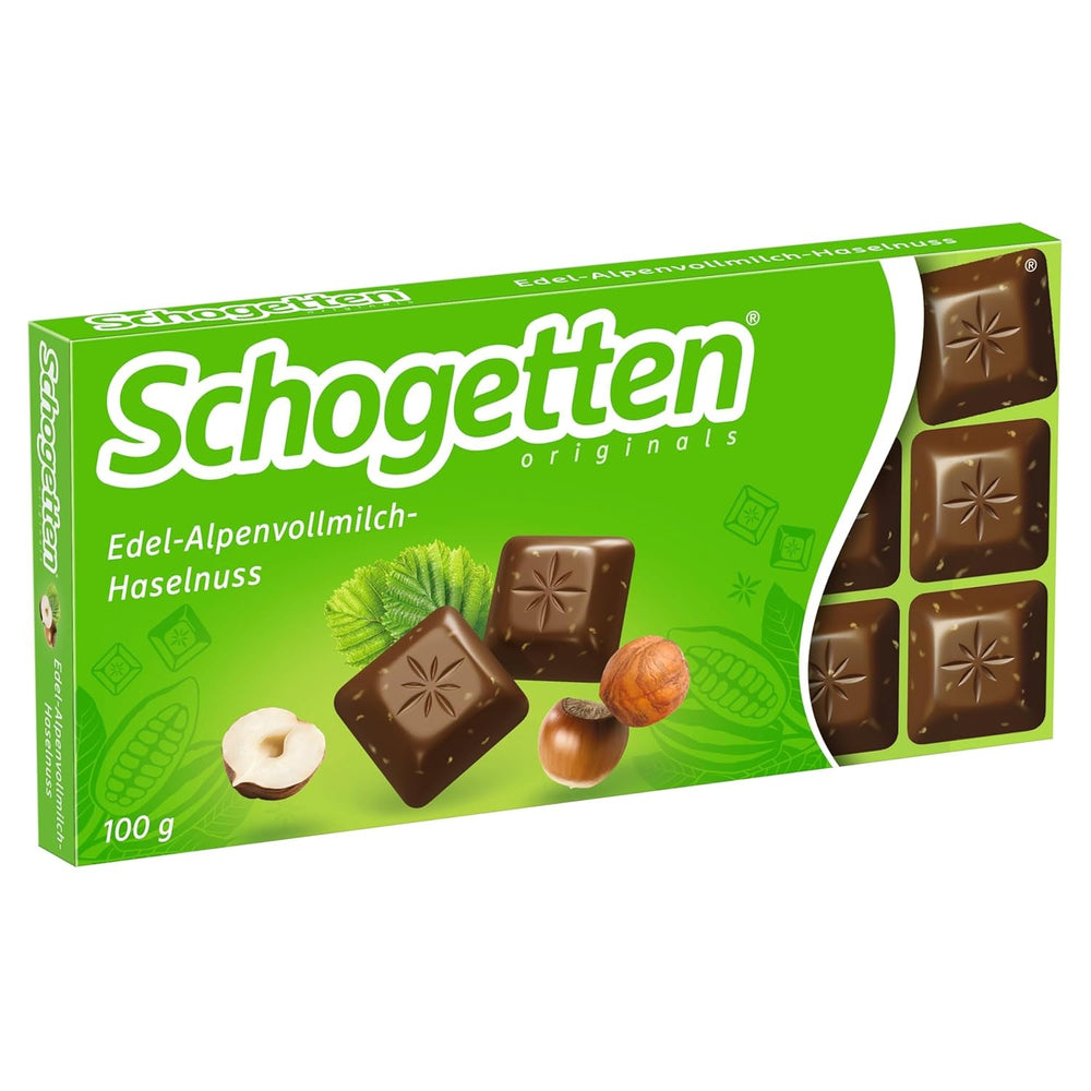 Ciocolată cu lapte alpină premium Schogetten cu alune, tabletă de ciocolată de 100 g, porționată individual. O încântare. Bucată cu bucată.