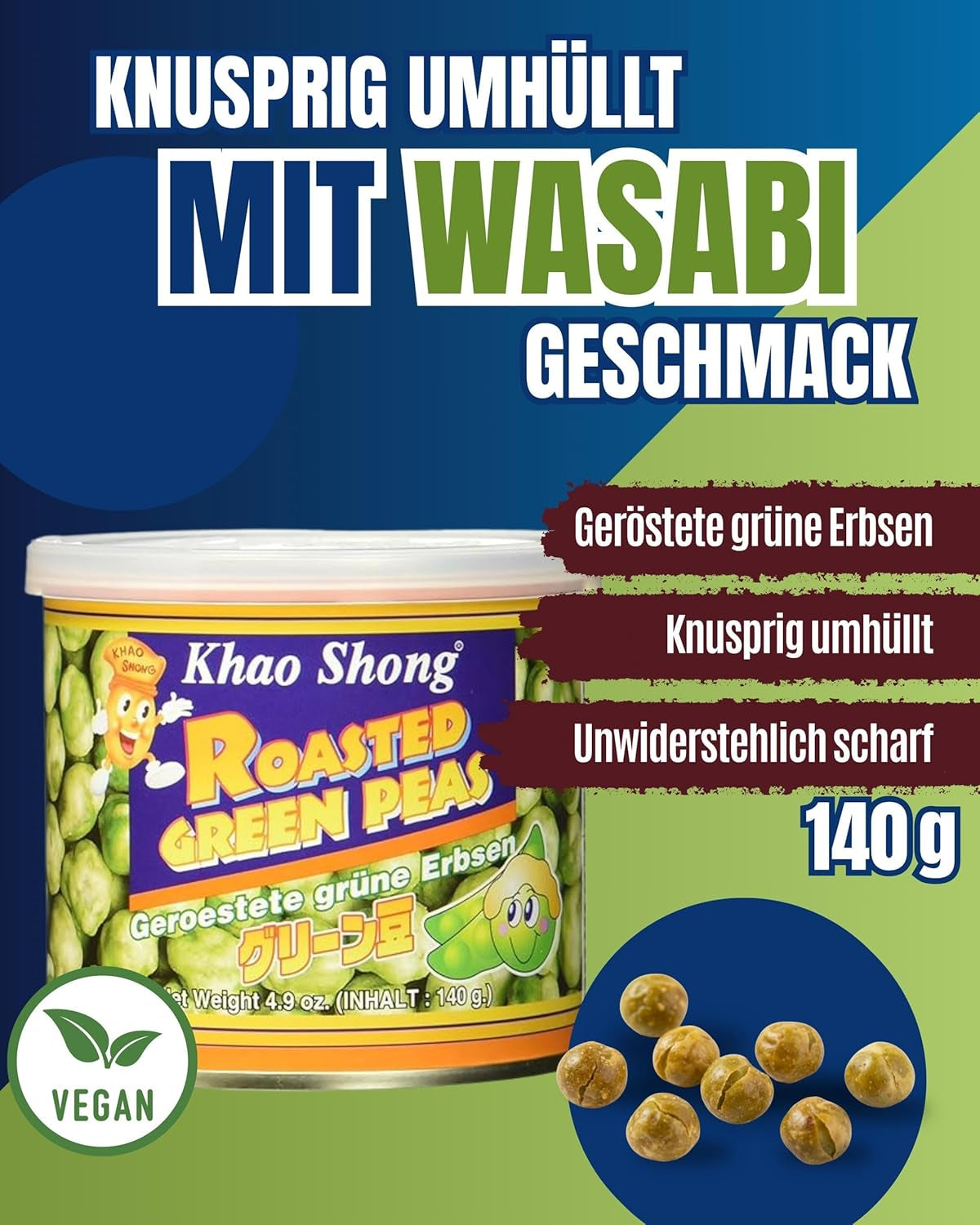 Khao Shong Gebratene grüne Erbsen mit Wasabi, knusprige Erbsen in würzigem Teig, eine fettarme Alternative zu Nüssen, mittelscharf, 1 140-g-Dose | 140 g (1 Packung)