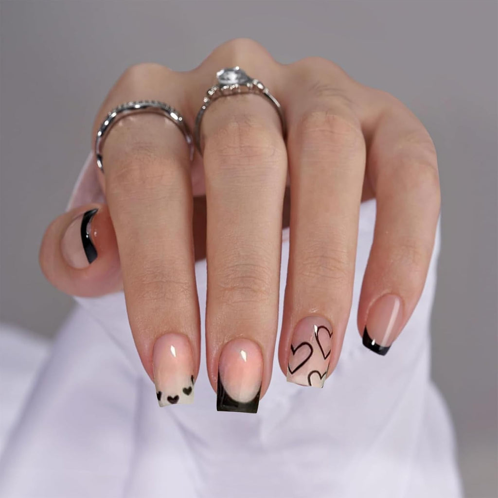 24 bucăți unghii artificiale cu vârf francez, scurte și pătrate, unghii acrilice negre cu design în formă de inimă albă, pentru acoperire completă