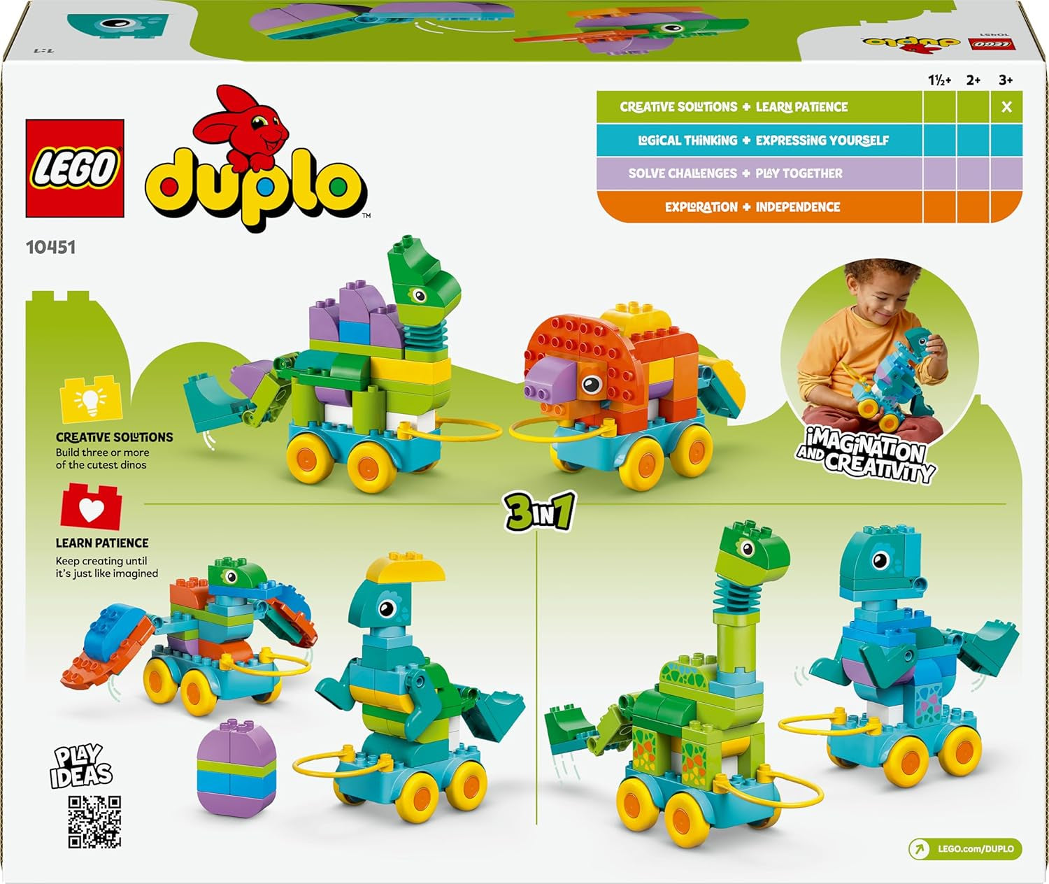 LEGO DUPLO Town Dinos auf Rädern 3-in-1-Set - Spielzeug für Mädchen & Jungen ab 3 Jahren - Diplodocus und T. rex, Triceratops & Stegosaurus oder Pteranodon & Parasaurolophus Dinosaurierfiguren - 10451