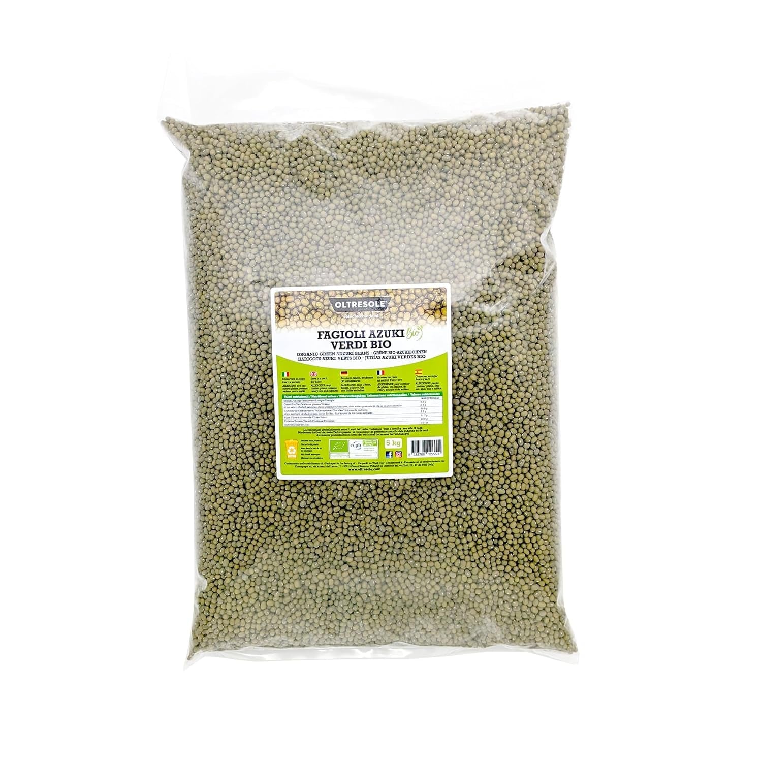 Fasole verde azuki organică, 5 kg, leguminoase uscate din culturi organice controlate, ideale pentru supe, salate și rețete vegane și vegetariene, pachet economic